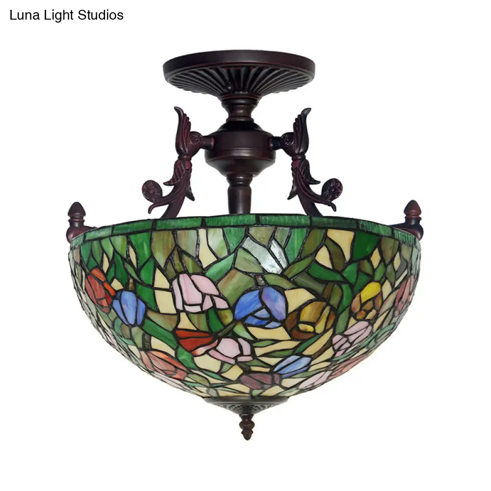 Semi Flush Mediterranean Bronze Blossom Ceiling Mount with Red/Orange/Green Cut Glass - Ideal for Living Room Lighting