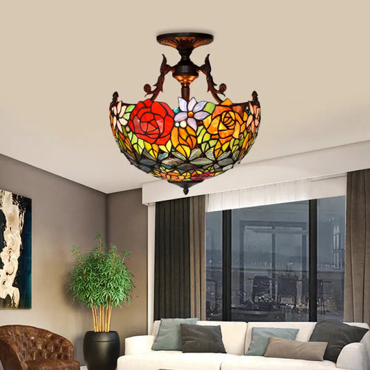 Semi Flush Mediterranean Bronze Blossom Ceiling Mount with Red/Orange/Green Cut Glass - Ideal for Living Room Lighting