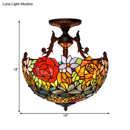 Semi Flush Mediterranean Bronze Blossom Ceiling Mount with Red/Orange/Green Cut Glass - Ideal for Living Room Lighting