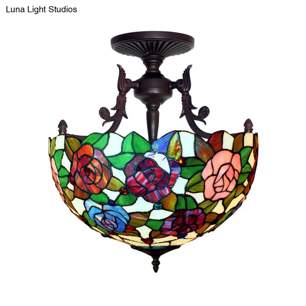 DecorBites™ DecorBites™ Semi Flush Mediterranean Bronze Blossom Ceiling Mount with Red/Orange/Green Cut Glass - Ideal for Living Room Lighting