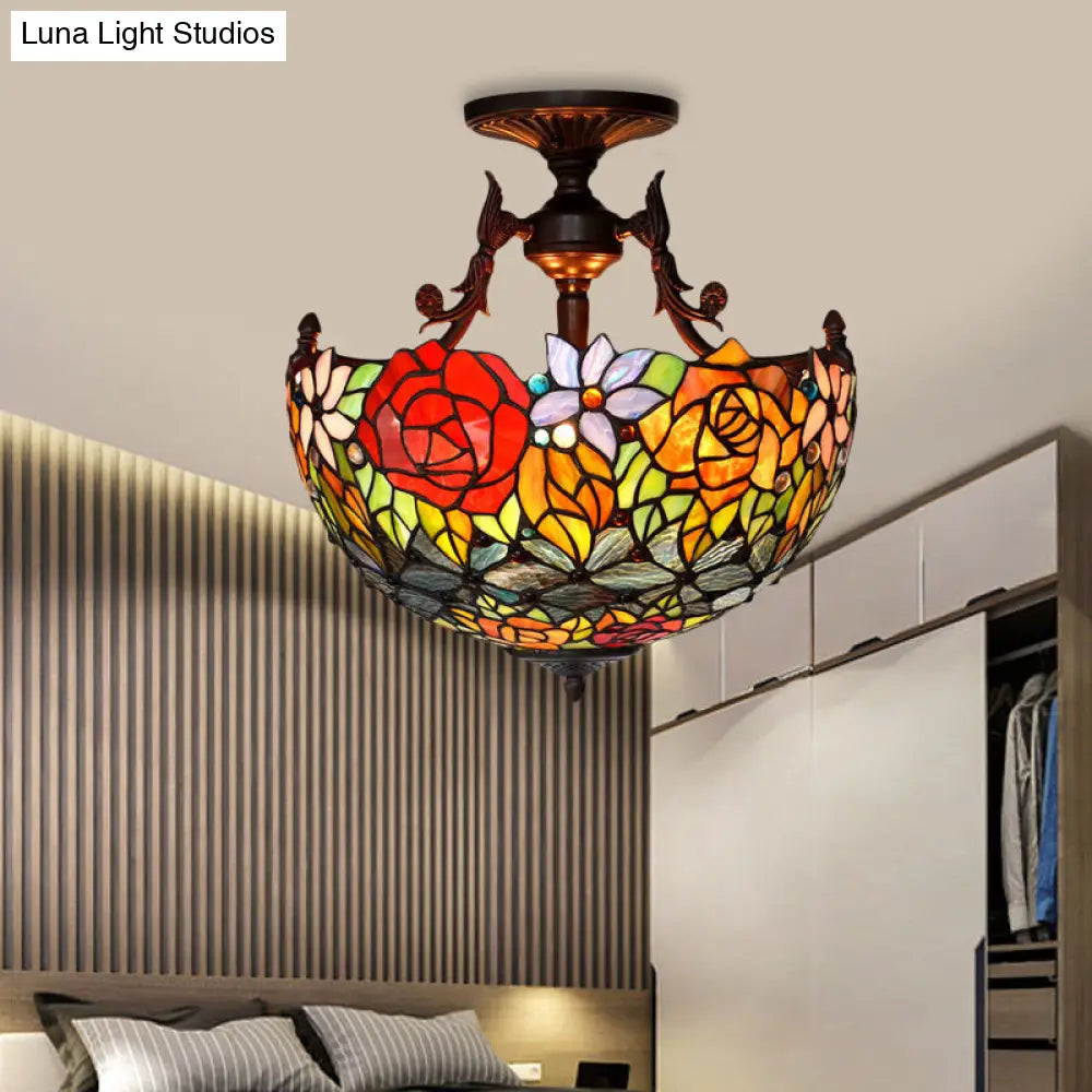 Semi Flush Mediterranean Bronze Blossom Ceiling Mount with Red/Orange/Green Cut Glass - Ideal for Living Room Lighting