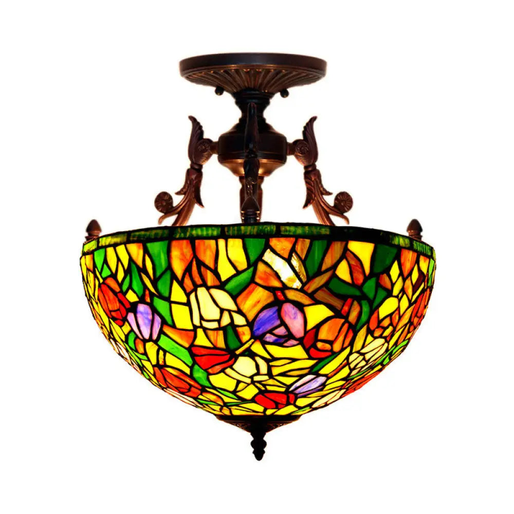 DecorBites™ DecorBites™ Semi Flush Mediterranean Bronze Blossom Ceiling Mount with Red/Orange/Green Cut Glass - Ideal for Living Room Lighting