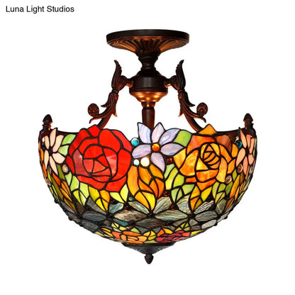 Semi Flush Mediterranean Bronze Blossom Ceiling Mount with Red/Orange/Green Cut Glass - Ideal for Living Room Lighting