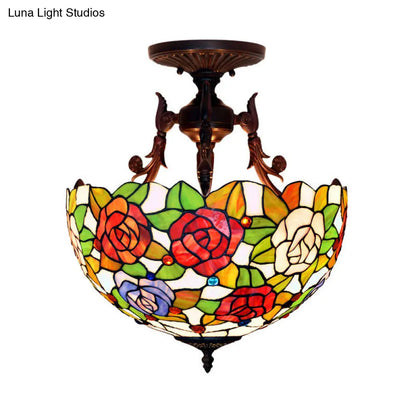 Semi Flush Mediterranean Bronze Blossom Ceiling Mount with Red/Orange/Green Cut Glass - Ideal for Living Room Lighting