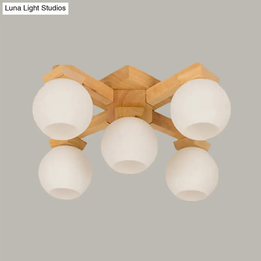 DecorBites™ DecorBites™ Semi Flush Mount Asian Ceiling Light Fixture - Wood Global Design with 5 Bulbs and White Frosted Glass
