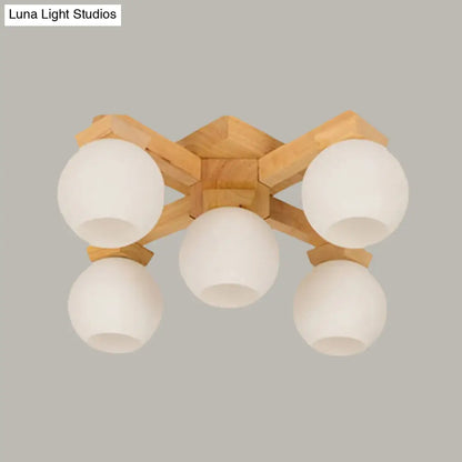 DecorBites™ DecorBites™ Semi Flush Mount Asian Ceiling Light Fixture - Wood Global Design with 5 Bulbs and White Frosted Glass