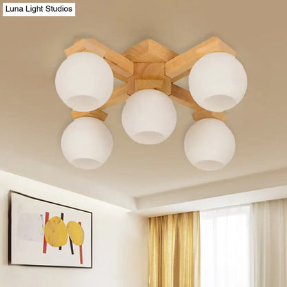 DecorBites™ DecorBites™ Semi Flush Mount Asian Ceiling Light Fixture - Wood Global Design with 5 Bulbs and White Frosted Glass