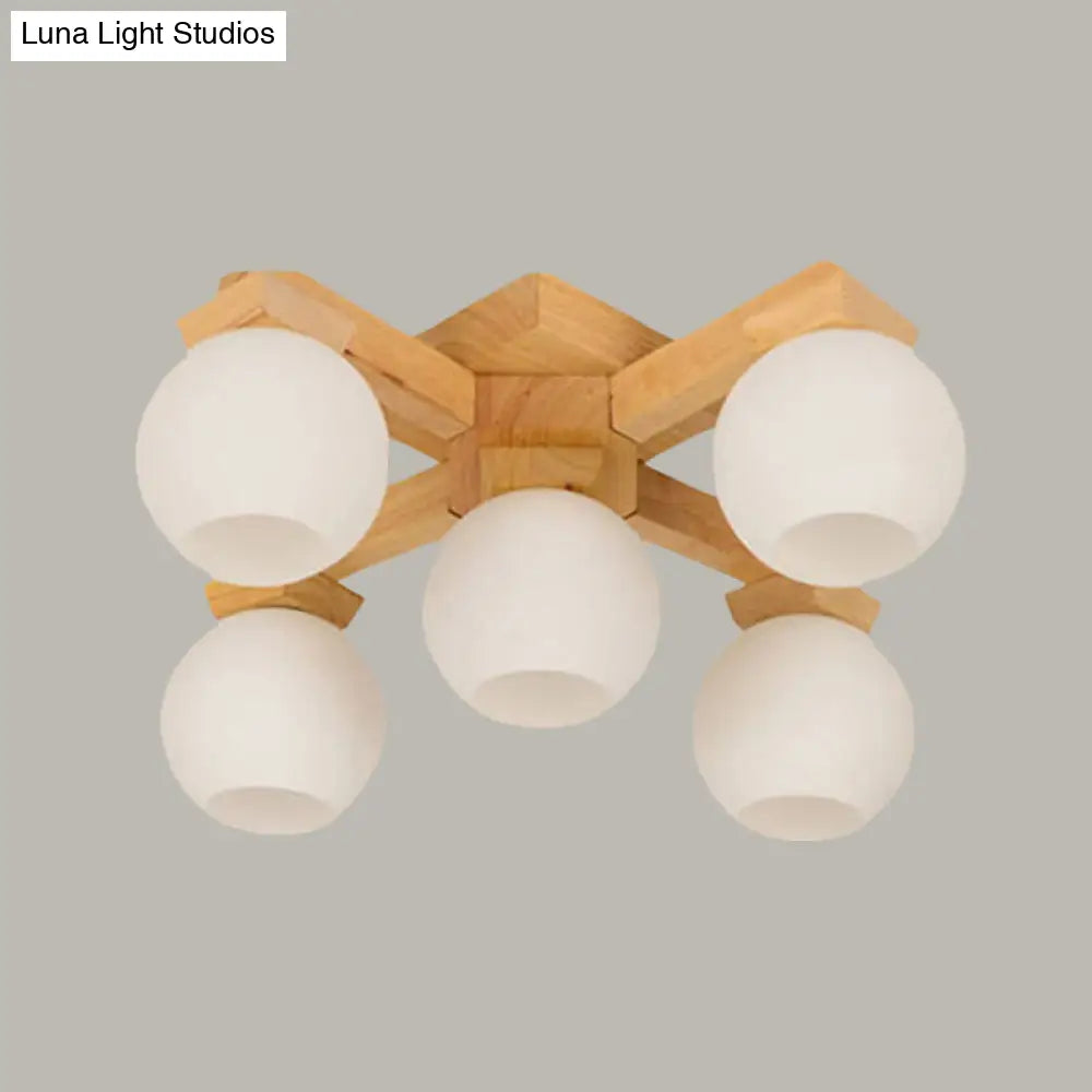 DecorBites™ DecorBites™ Semi Flush Mount Asian Ceiling Light Fixture - Wood Global Design with 5 Bulbs and White Frosted Glass