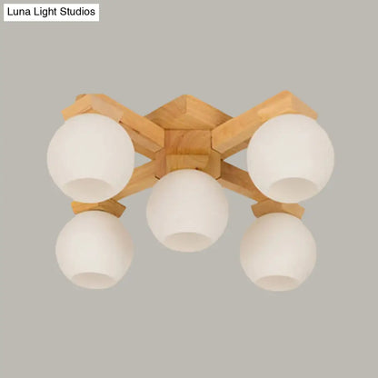 DecorBites™ DecorBites™ Semi Flush Mount Asian Ceiling Light Fixture - Wood Global Design with 5 Bulbs and White Frosted Glass