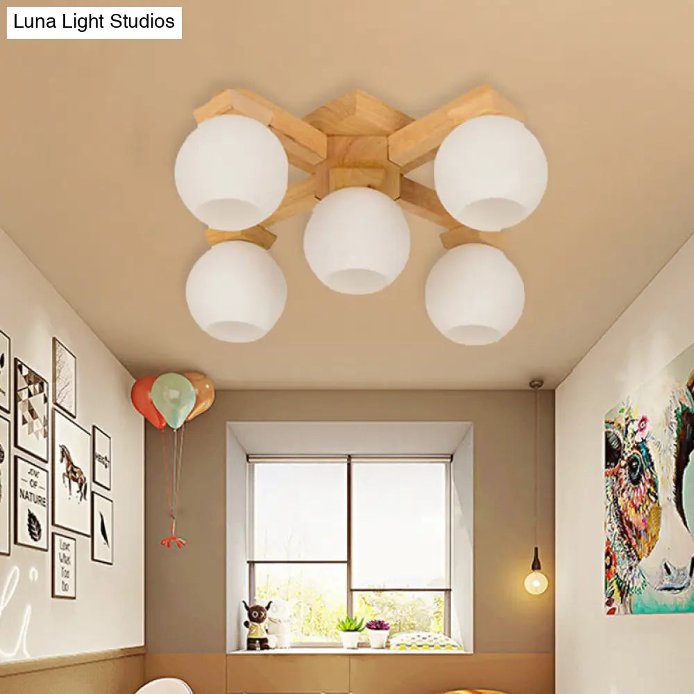 DecorBites™ DecorBites™ Semi Flush Mount Asian Ceiling Light Fixture - Wood Global Design with 5 Bulbs and White Frosted Glass