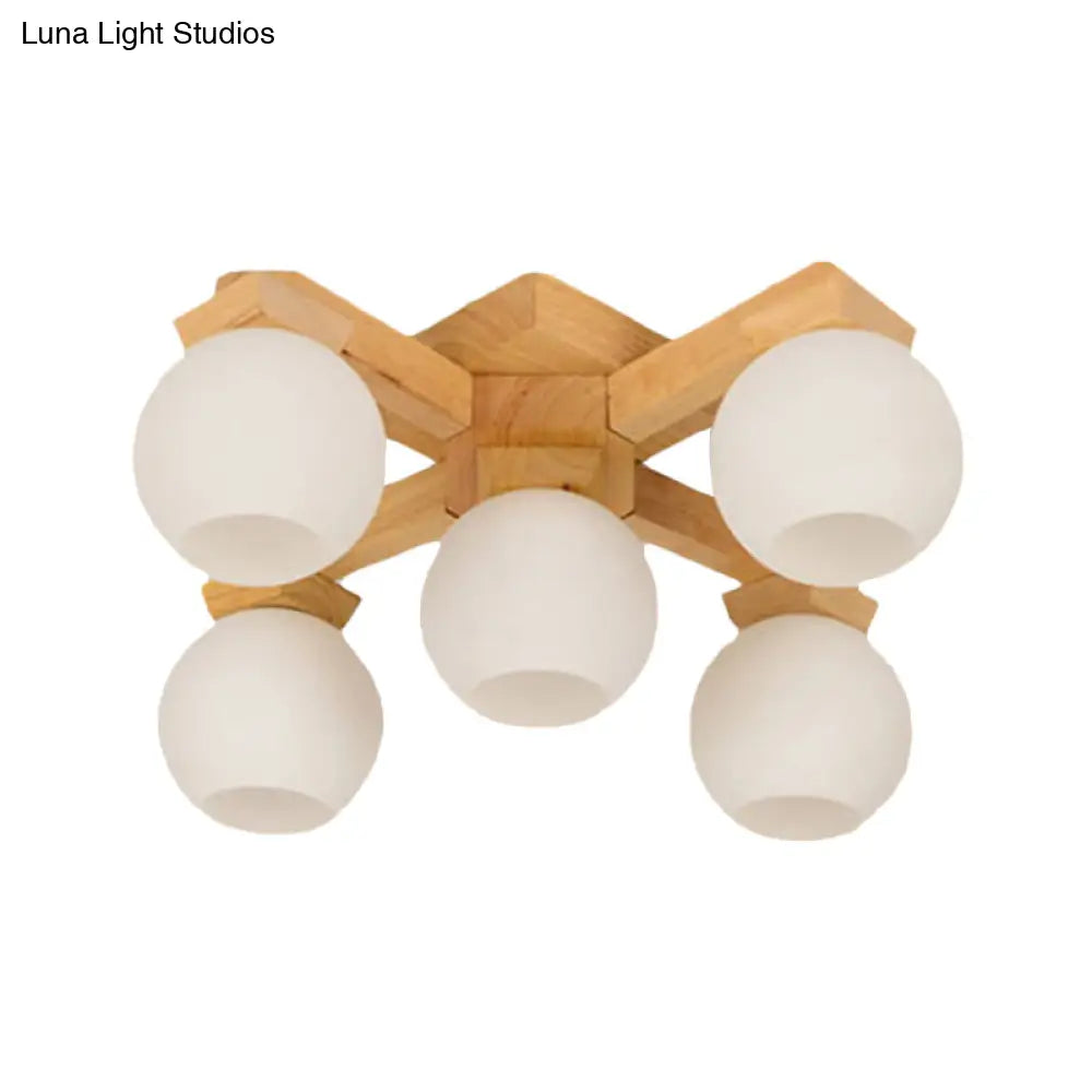DecorBites™ DecorBites™ Semi Flush Mount Asian Ceiling Light Fixture - Wood Global Design with 5 Bulbs and White Frosted Glass