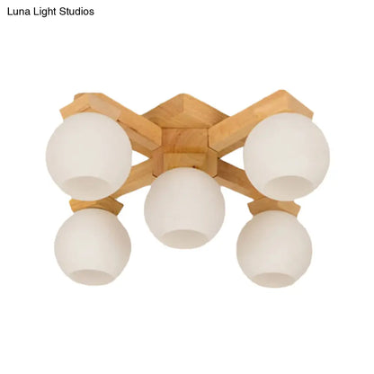 DecorBites™ DecorBites™ Semi Flush Mount Asian Ceiling Light Fixture - Wood Global Design with 5 Bulbs and White Frosted Glass