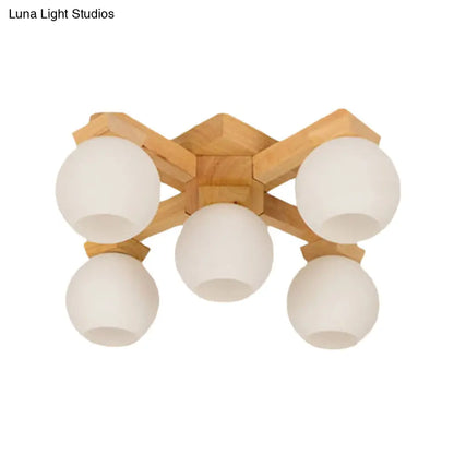 DecorBites™ DecorBites™ Semi Flush Mount Asian Ceiling Light Fixture - Wood Global Design with 5 Bulbs and White Frosted Glass