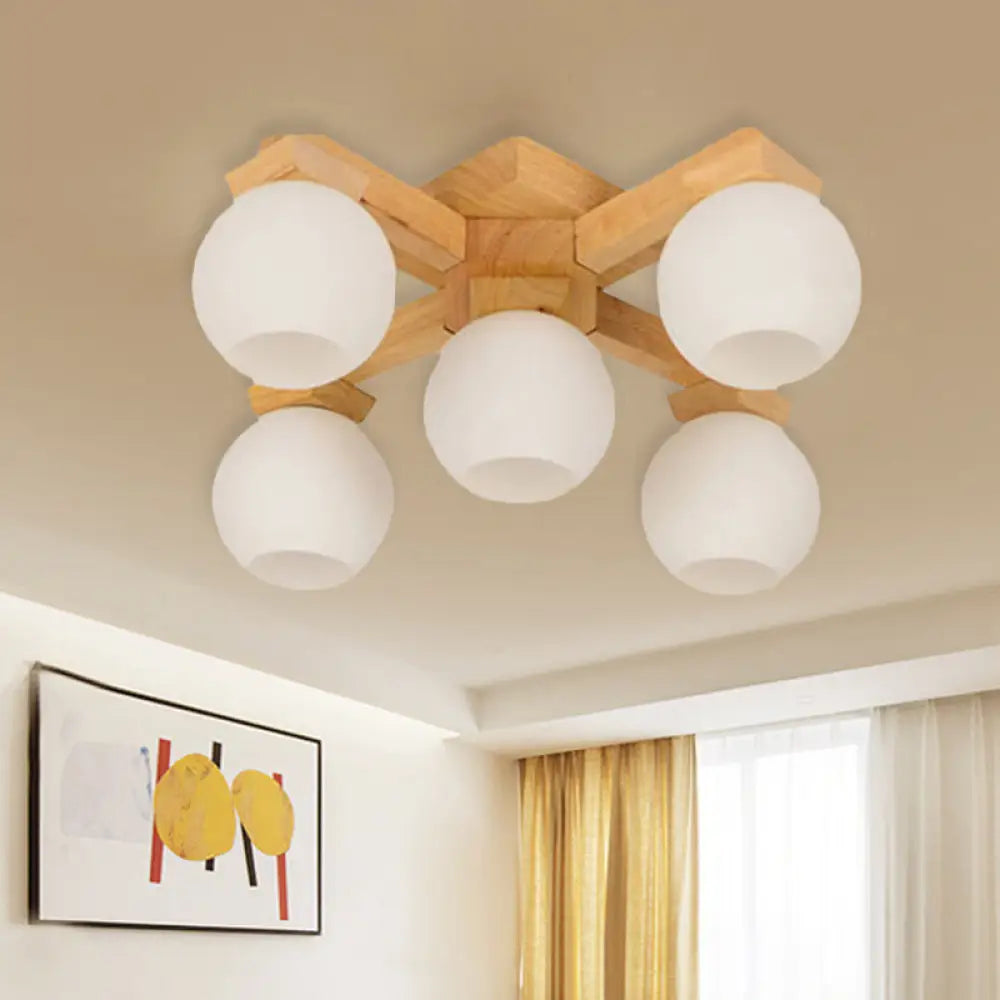DecorBites™ DecorBites™ Semi Flush Mount Asian Ceiling Light Fixture - Wood Global Design with 5 Bulbs and White Frosted Glass
