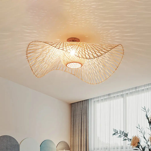 DecorBites™ DecorBites™ Semi-Flush Mount Bamboo Japanese Ceiling Light - Handcrafted, 2 Bulb, Beige