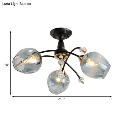 Semi Flush Mount Bedroom Light with Amber/Blue Glass Shade - Modernist Black LED Ceiling Fixture with Cup Shape