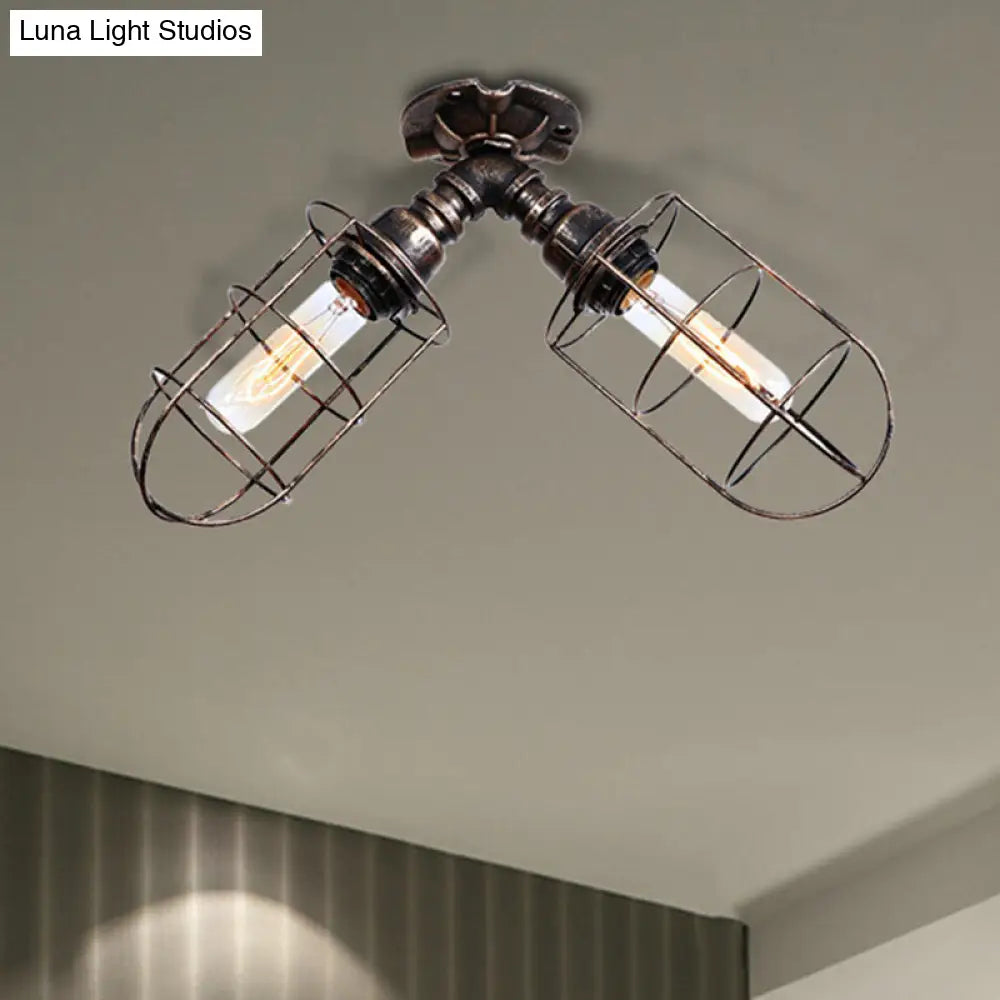 DecorBites™ DecorBites™ Semi-Flush Mount Cage Light with Coastal Style for Living Room - Wrought Iron, 2 Bulbs, Aged Silver/Bronze Finish