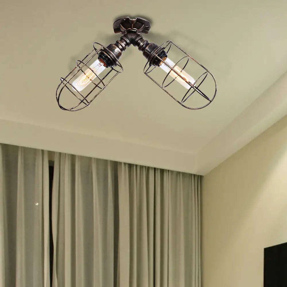 DecorBites™ DecorBites™ Semi-Flush Mount Cage Light with Coastal Style for Living Room - Wrought Iron, 2 Bulbs, Aged Silver/Bronze Finish