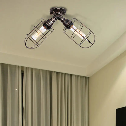 DecorBites™ DecorBites™ Semi-Flush Mount Cage Light with Coastal Style for Living Room - Wrought Iron, 2 Bulbs, Aged Silver/Bronze Finish