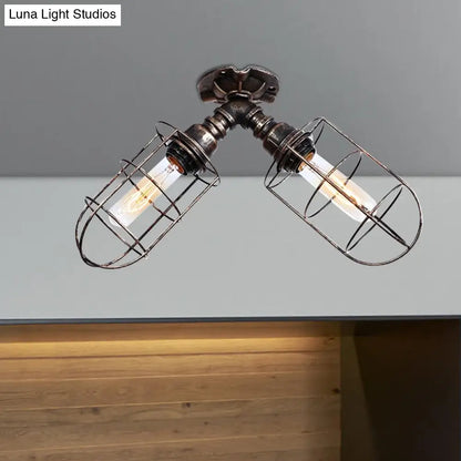 DecorBites™ DecorBites™ Semi-Flush Mount Cage Light with Coastal Style for Living Room - Wrought Iron, 2 Bulbs, Aged Silver/Bronze Finish
