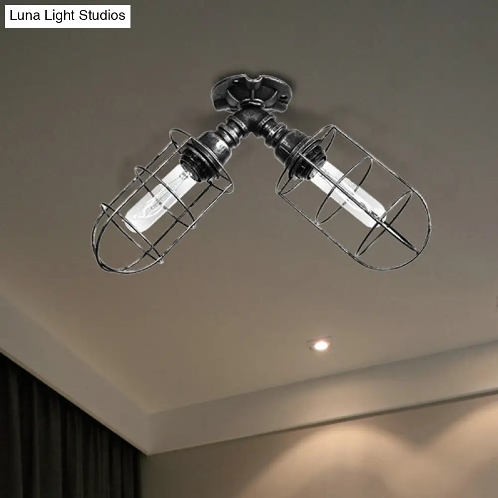 DecorBites™ DecorBites™ Semi-Flush Mount Cage Light with Coastal Style for Living Room - Wrought Iron, 2 Bulbs, Aged Silver/Bronze Finish