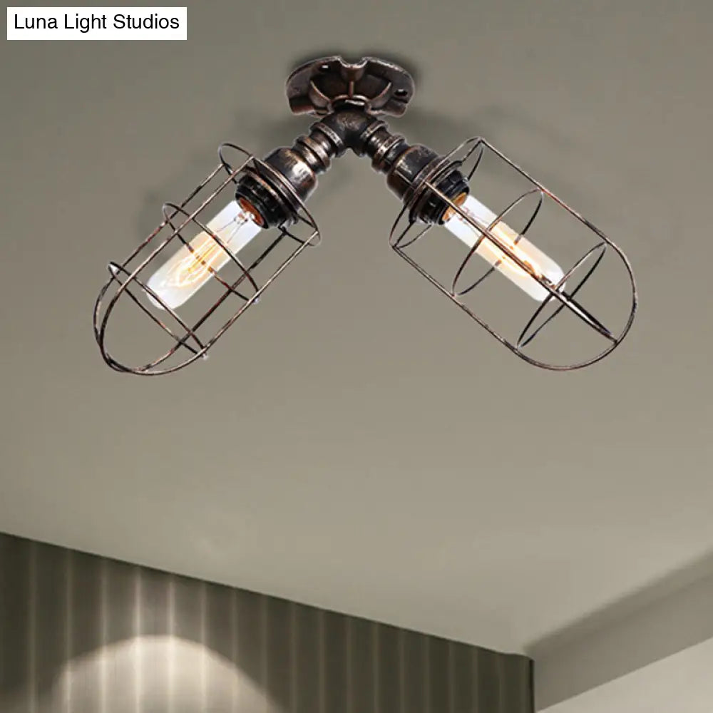 DecorBites™ DecorBites™ Semi-Flush Mount Cage Light with Coastal Style for Living Room - Wrought Iron, 2 Bulbs, Aged Silver/Bronze Finish