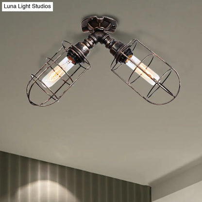 DecorBites™ DecorBites™ Semi-Flush Mount Cage Light with Coastal Style for Living Room - Wrought Iron, 2 Bulbs, Aged Silver/Bronze Finish