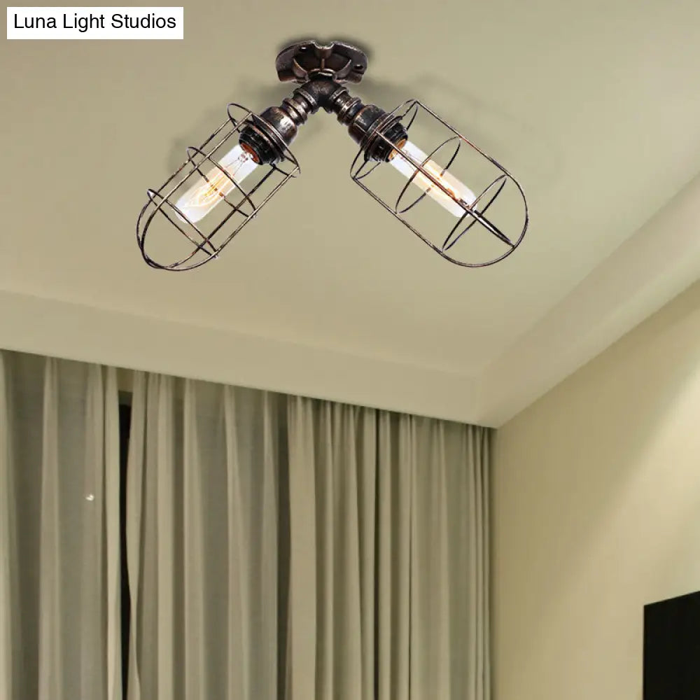 DecorBites™ DecorBites™ Semi-Flush Mount Cage Light with Coastal Style for Living Room - Wrought Iron, 2 Bulbs, Aged Silver/Bronze Finish