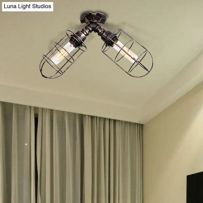 DecorBites™ DecorBites™ Semi-Flush Mount Cage Light with Coastal Style for Living Room - Wrought Iron, 2 Bulbs, Aged Silver/Bronze Finish