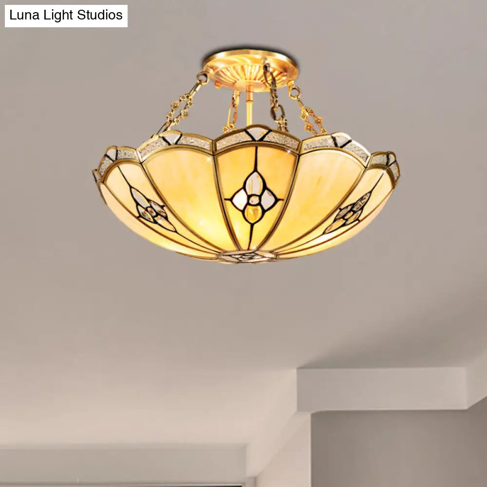DecorBites™ DecorBites™ Semi-Flush Mount Colonial Bedroom Light Fixture - 4 Bulbs, Frosted Glass, Brass Finish, Close to Ceiling Lighting - 18"/19.5" W Dome