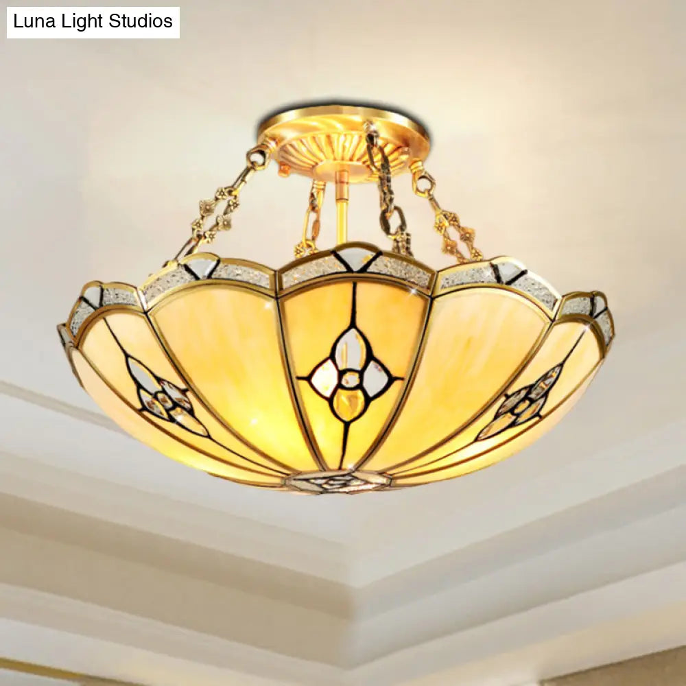 DecorBites™ DecorBites™ Semi-Flush Mount Colonial Bedroom Light Fixture - 4 Bulbs, Frosted Glass, Brass Finish, Close to Ceiling Lighting - 18"/19.5" W Dome