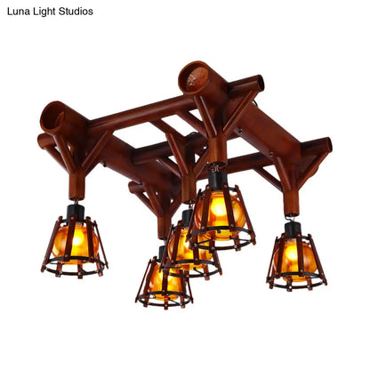 DecorBites™ DecorBites™ Semi Flush Mount Conical Cage Wood Ceiling Light Fixture - 5 Heads, Country Style, in Brown