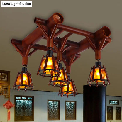 DecorBites™ DecorBites™ Semi Flush Mount Conical Cage Wood Ceiling Light Fixture - 5 Heads, Country Style, in Brown