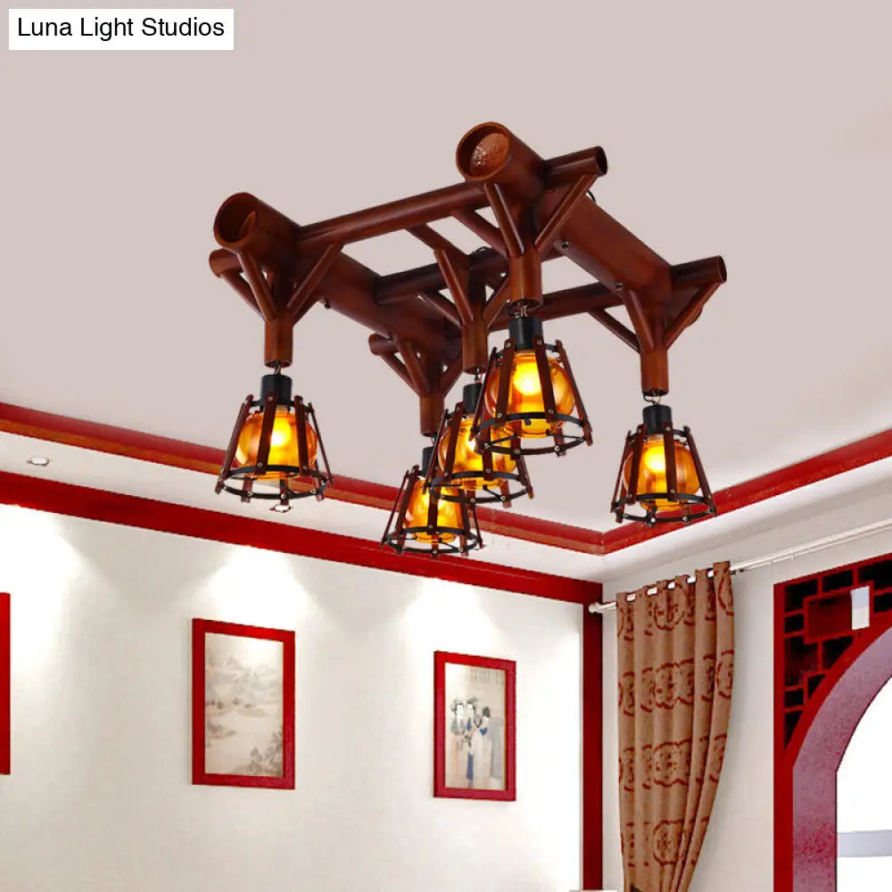 DecorBites™ DecorBites™ Semi Flush Mount Conical Cage Wood Ceiling Light Fixture - 5 Heads, Country Style, in Brown