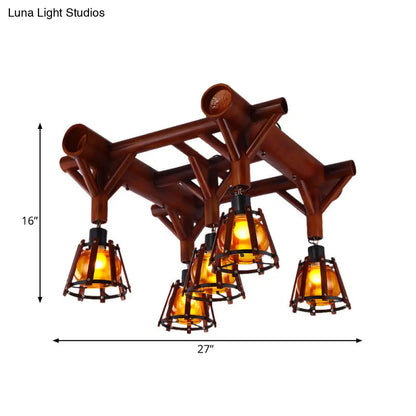 DecorBites™ DecorBites™ Semi Flush Mount Conical Cage Wood Ceiling Light Fixture - 5 Heads, Country Style, in Brown