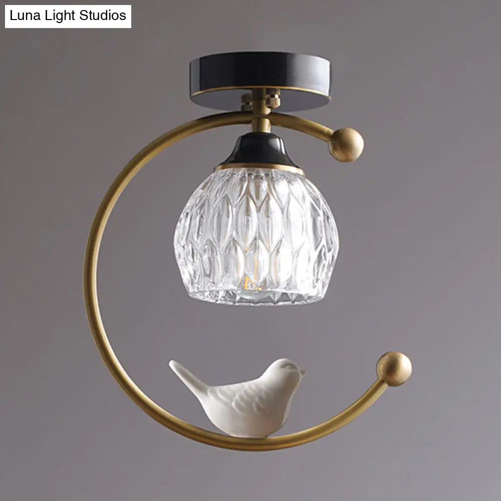 DecorBites™ DecorBites™ Semi Flush Mount Dining Room Ceiling Lamp - Dome Textured Glass with Brass C Arm and Bird Decor