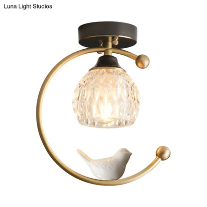 DecorBites™ DecorBites™ Semi Flush Mount Dining Room Ceiling Lamp - Dome Textured Glass with Brass C Arm and Bird Decor
