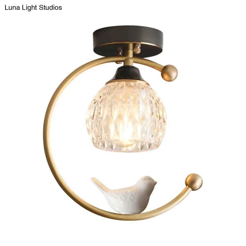 DecorBites™ DecorBites™ Semi Flush Mount Dining Room Ceiling Lamp - Dome Textured Glass with Brass C Arm and Bird Decor