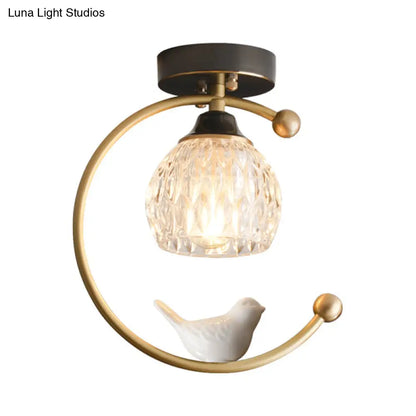 DecorBites™ DecorBites™ Semi Flush Mount Dining Room Ceiling Lamp - Dome Textured Glass with Brass C Arm and Bird Decor