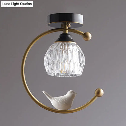 DecorBites™ DecorBites™ Semi Flush Mount Dining Room Ceiling Lamp - Dome Textured Glass with Brass C Arm and Bird Decor