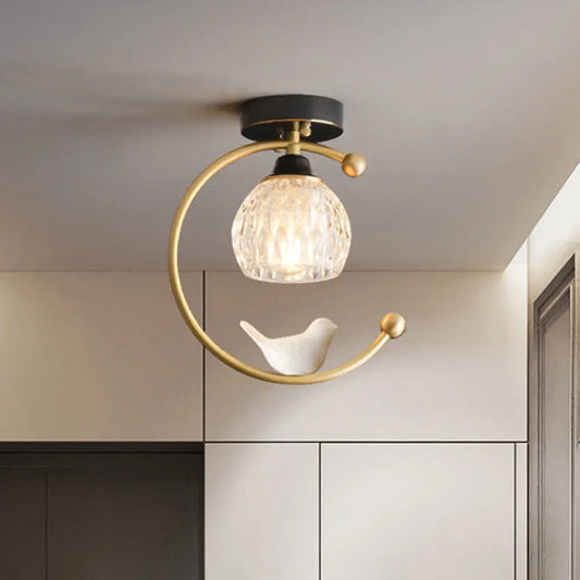DecorBites™ DecorBites™ Semi Flush Mount Dining Room Ceiling Lamp - Dome Textured Glass with Brass C Arm and Bird Decor