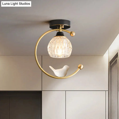 DecorBites™ DecorBites™ Semi Flush Mount Dining Room Ceiling Lamp - Dome Textured Glass with Brass C Arm and Bird Decor