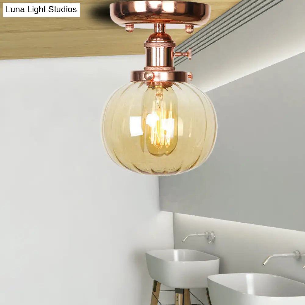 Semi Flush Mount Industrial Ceiling Light Fixture with Globe/Wide Flare/Diamond Design and Clear/Amber Glass Shade