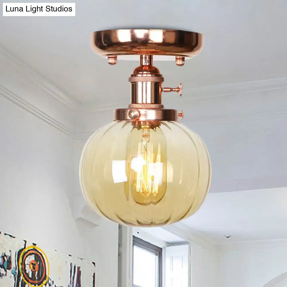 Semi Flush Mount Industrial Ceiling Light Fixture with Globe/Wide Flare/Diamond Design and Clear/Amber Glass Shade