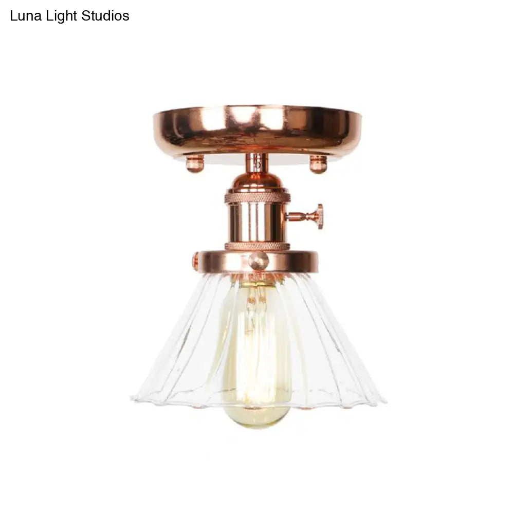 Semi Flush Mount Industrial Ceiling Light Fixture with Globe/Wide Flare/Diamond Design and Clear/Amber Glass Shade