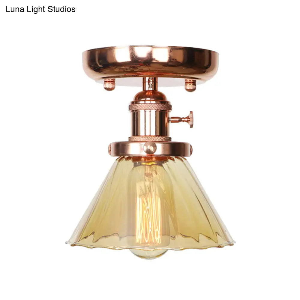 Semi Flush Mount Industrial Ceiling Light Fixture with Globe/Wide Flare/Diamond Design and Clear/Amber Glass Shade