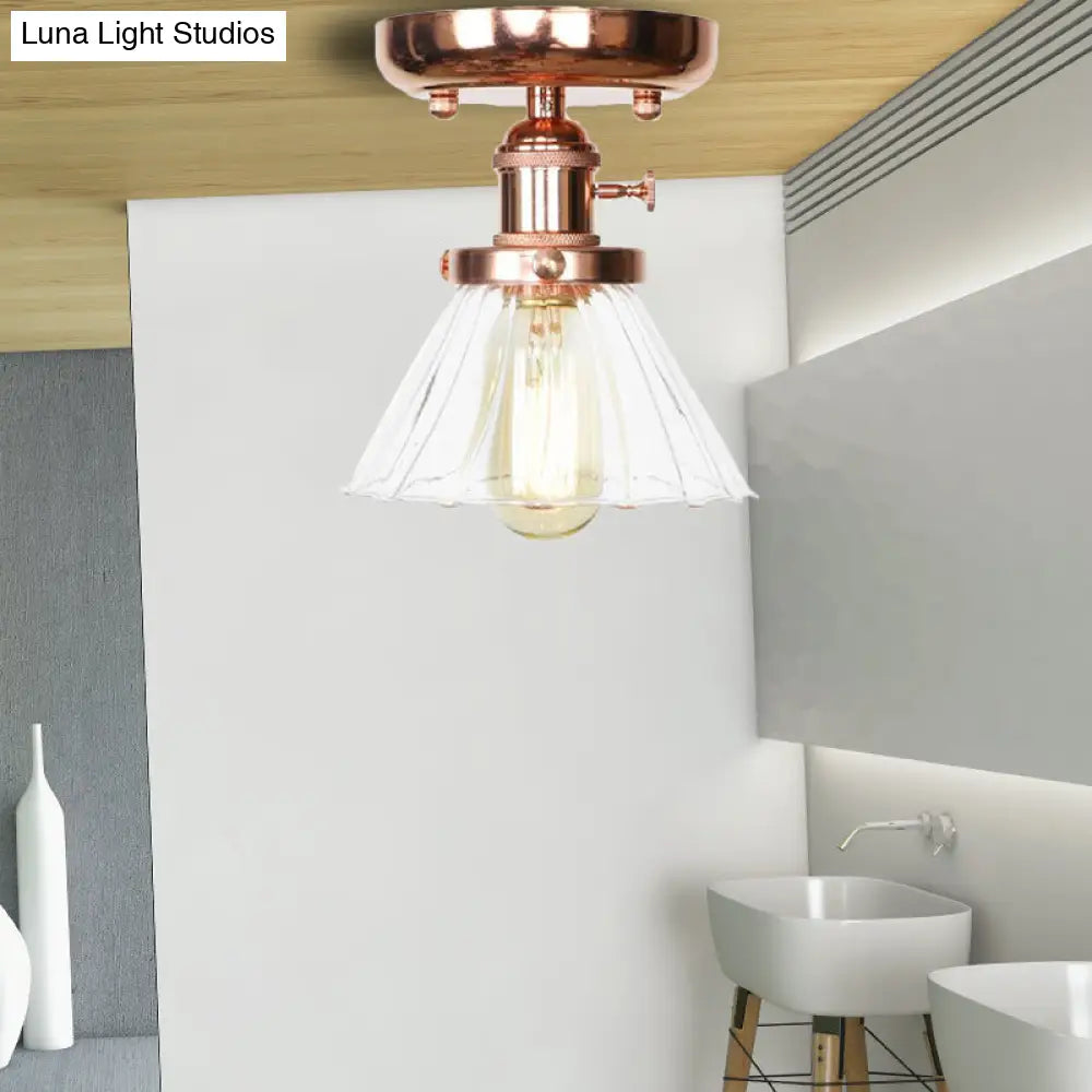 Semi Flush Mount Industrial Ceiling Light Fixture with Globe/Wide Flare/Diamond Design and Clear/Amber Glass Shade