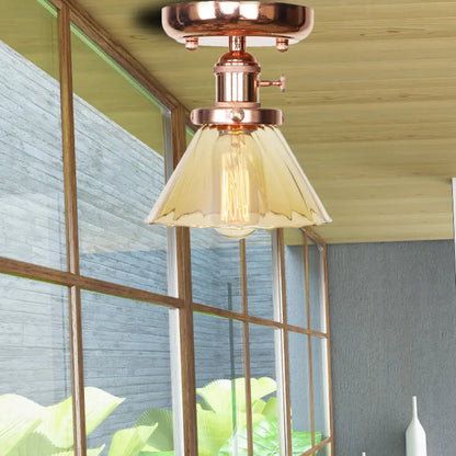 Semi Flush Mount Industrial Ceiling Light Fixture with Globe/Wide Flare/Diamond Design and Clear/Amber Glass Shade