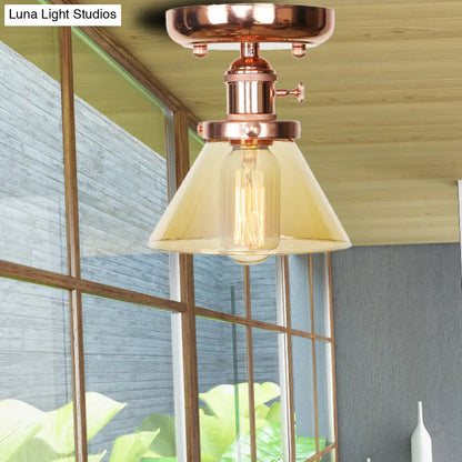 Semi Flush Mount Industrial Ceiling Light Fixture with Globe/Wide Flare/Diamond Design and Clear/Amber Glass Shade