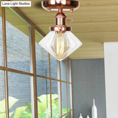 Semi Flush Mount Industrial Ceiling Light Fixture with Globe/Wide Flare/Diamond Design and Clear/Amber Glass Shade